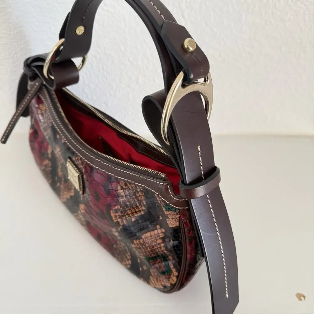 Dooney & Bourke Python Embossed Leather Hobo Shoulder Bag Red Brown Clean